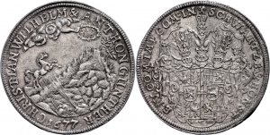 Los 365 der 174. Auktion. Schwarzburg-Sondershausen, Doppeltaler (51,09g), 1677, Christian Wilhelm I. und Anton Günther II. Taxe 5.000,-/ Zuschlag 35.000,-